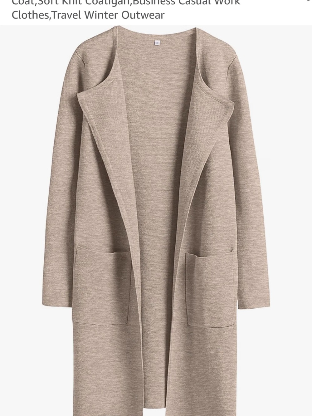 Long Open-Front Beige Knit Cardigan with Patch Pockets